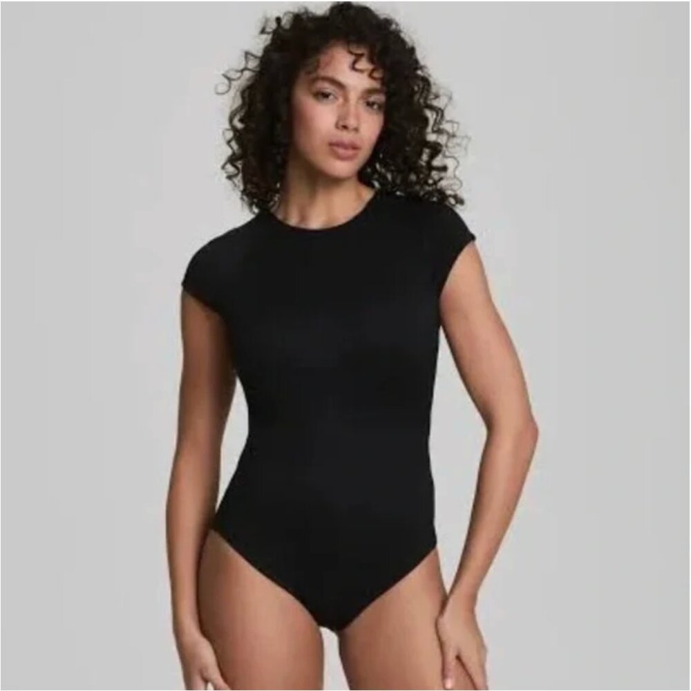 SPANX Black Cap-Sleeve One-Piece Swimsuit